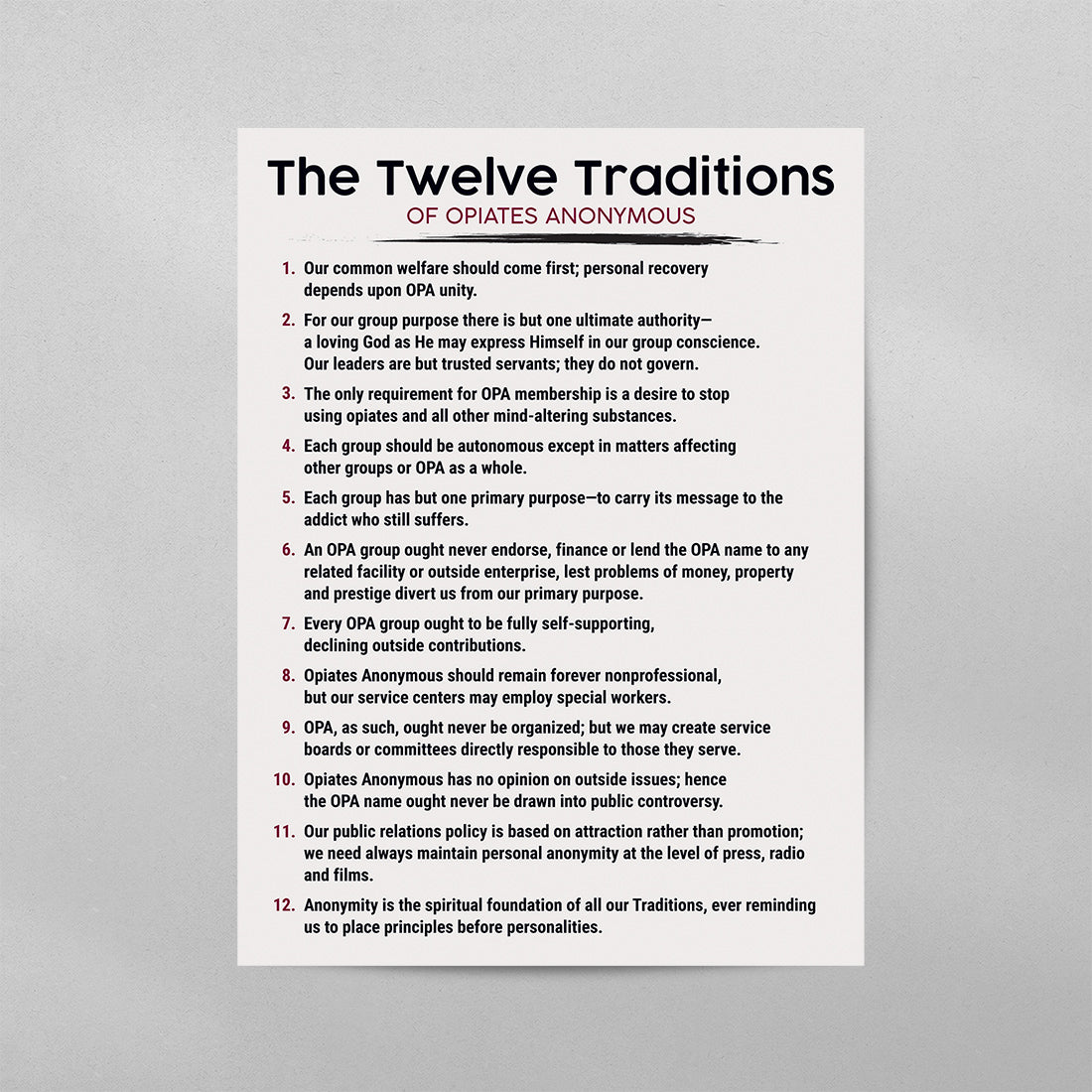 The 12 Traditions of Opiates Anonymous Poster