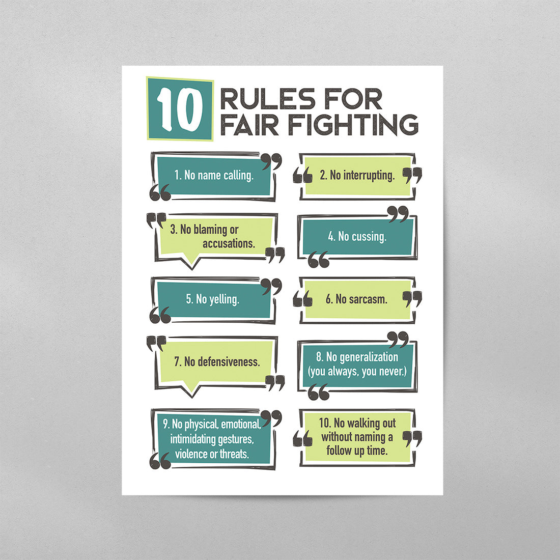 10 Rules for Fair Fighting Poster - Marriage Therapy Wall Art